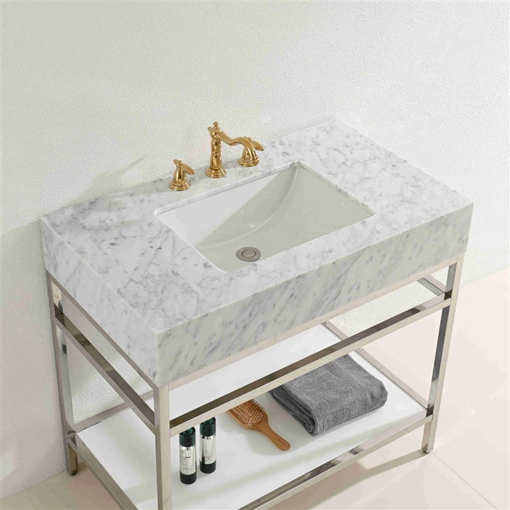 Natural Marble Calacatta White Metal Frame Bathroom Vanity